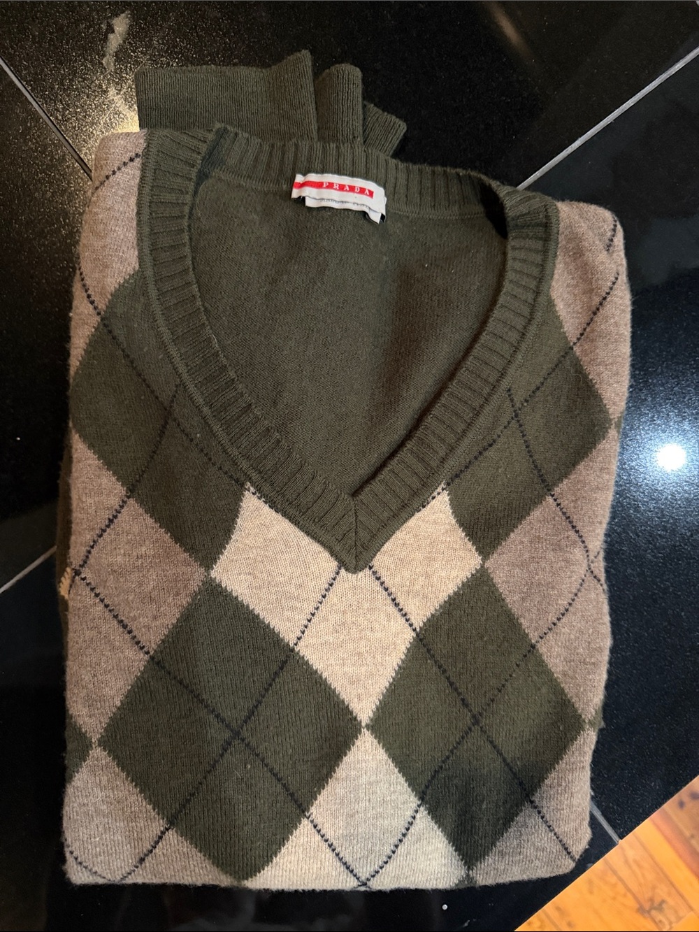 Prada Olive Green & Tan Argyle V-Neck Sweater